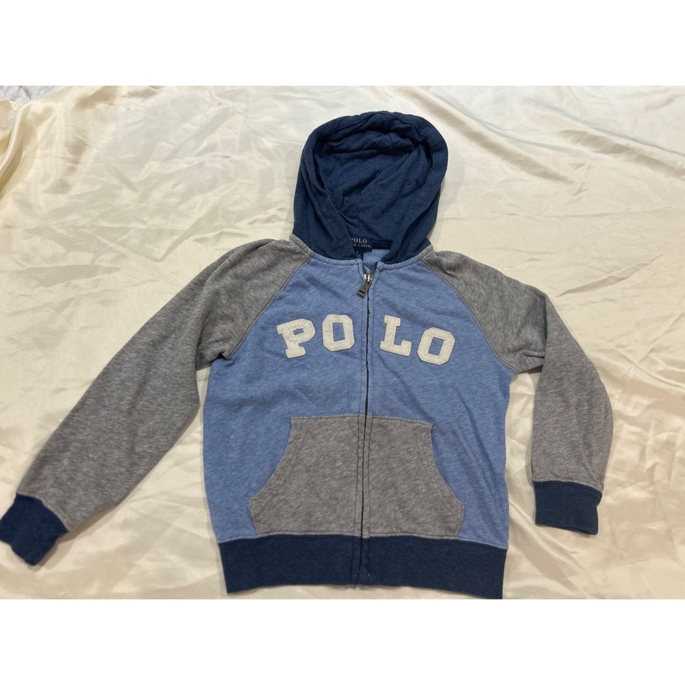 Polo Ralph Lauren Boys Size 5 Full Zip Hoodie Blue Gray Colorblock POLO